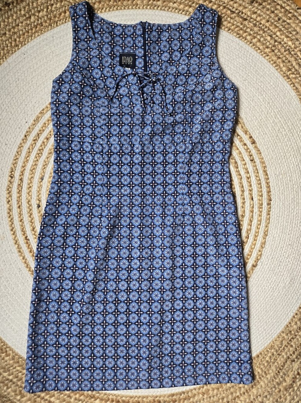 Vintage 90s Idao Blue Geo-Print Mini Dress Front Tie Classic Modest Preppy 7/8